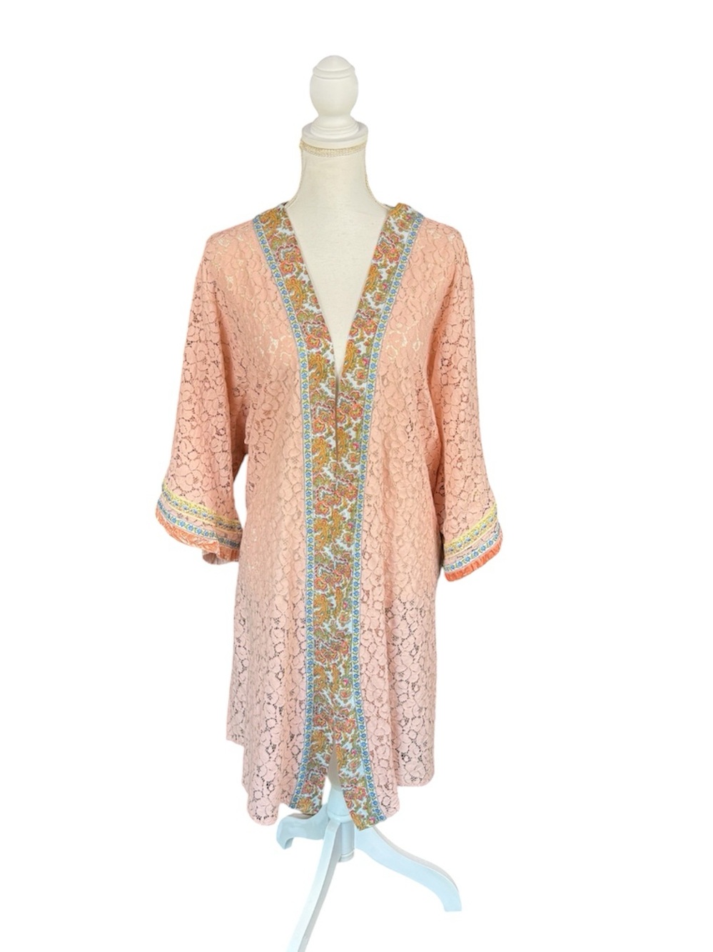 Ivy Jane Peachy Pink Lace Boho Kimono Floral Velvet Trim Bell Sleeve Size Large